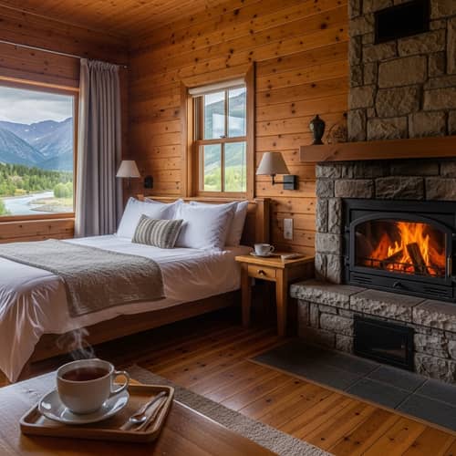 Cozy Bedroom with Bed, Cup of Tea, and Bonfire | Majestic View
