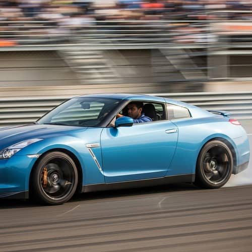 Metallic-Blue Nissan Sports Car Racing with Male Driver