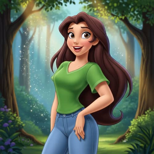 Disney-Style Woman in Green Shirt and Jeans Smiling