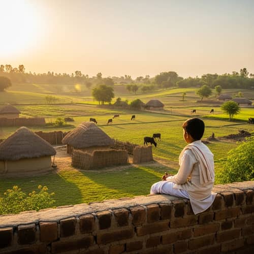 Rustic Village Scene: South Asian Boy Admiring Rural Beauty