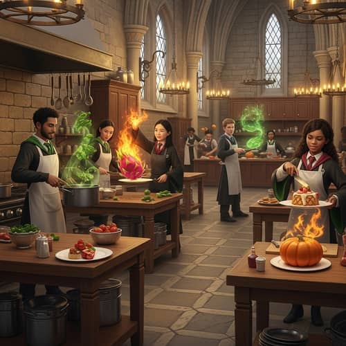 Wizard Culinary School: Enchanting Kitchen Scene with Magical Cooking