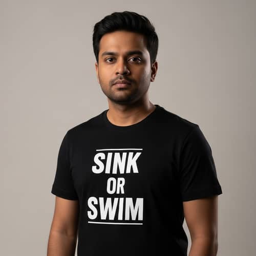 Contemplative South Asian Man in 'Sink or Swim' Black T-Shirt