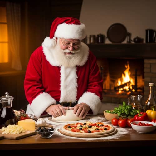 Caucasian Father Christmas Making Pizza in Rustic Kitchen