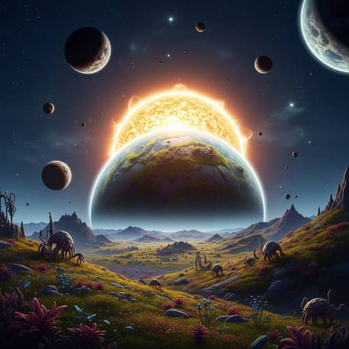 Otherworldly Planet: Vibrant Vegetation & Celestial Skies