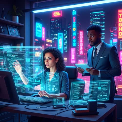 Cyberpunk Computer Expert Helping Business | Neon Coding Scene
