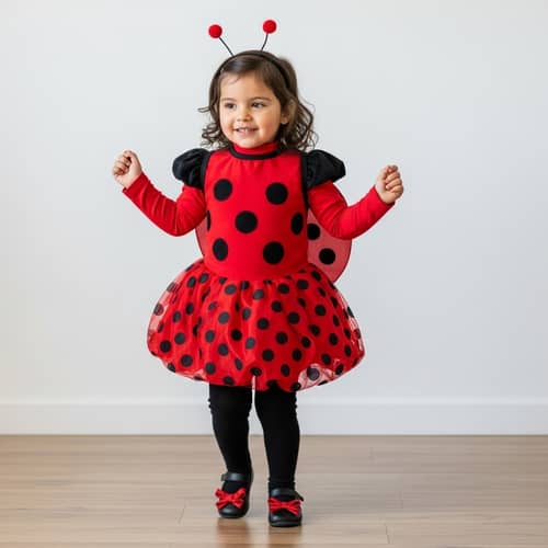 Hispanic Girl in Ladybird Dress Dancing with Joy