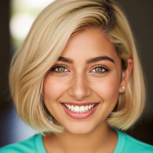 Stunning South Asian Girl with Blonde Bob & Green Eyes