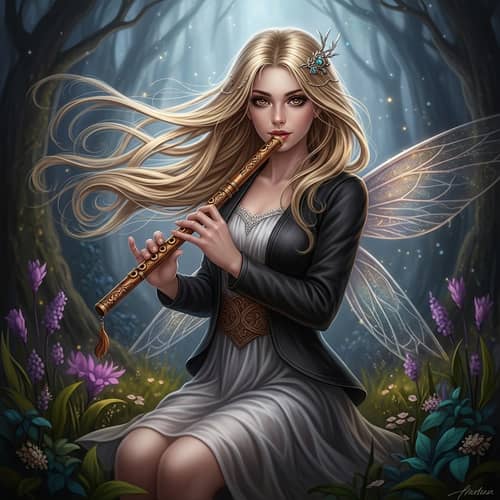 Ethereal Female Fairy Bard in Mystical Forest | Enchanting Artwork