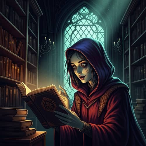 Mysterious Figure in Forgotten Library - Dark and Intense Scene