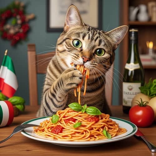 Whimsical Cat Enjoying Spaghetti - Italian-Themed Scene