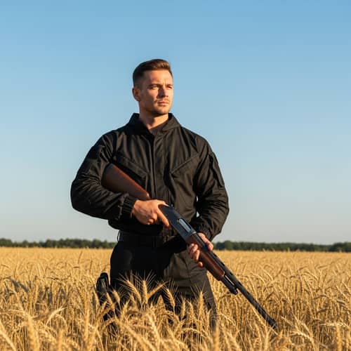 Male Gunslinger in Black Suit Amidst Wheat Field