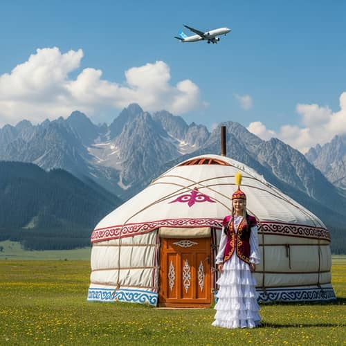 Traditional Kazakh Girl by Yurt with Majestic Mountains
