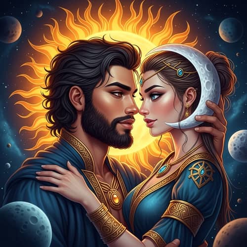 Sun and Moon Celestial Beings Embracing