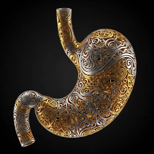 Detailed Golden and Silver Stomach Art on Black Background