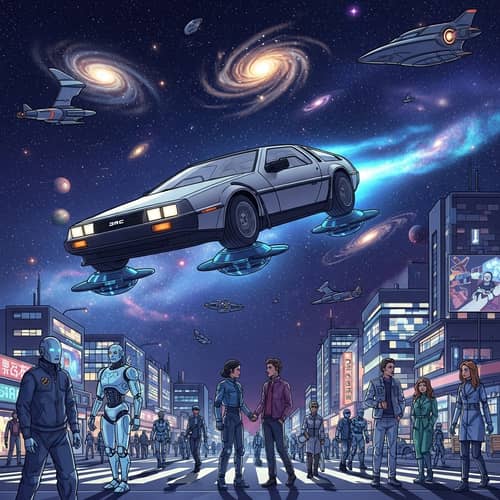 Futuristic Flying Car & High-Tech Society | Night Sky Illustration