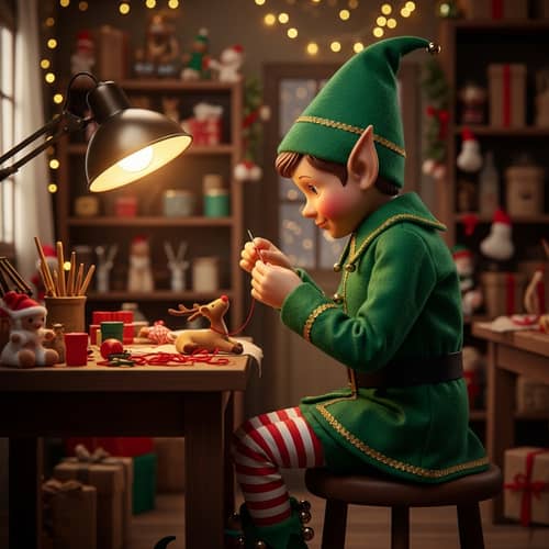 Christmas Elf Sewing in Santa's Workshop - Festive Scene