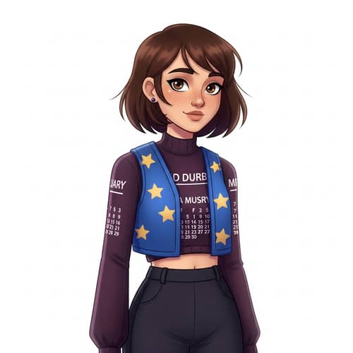 Cartoon Girl with Brown Hair in Blue Star Vest