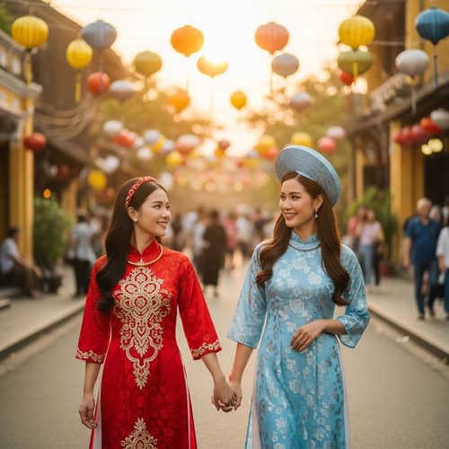 Vietnamese Women Holding Hands in Traditional Costumes