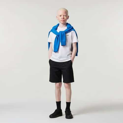 Albino Boy in Black Shorts, White Tee-Shirt, Blue Sweater
