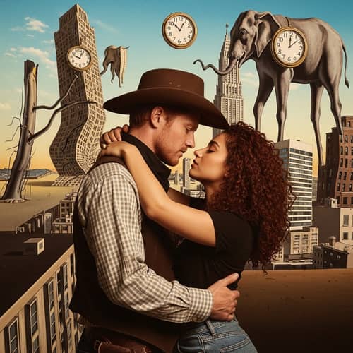 Vintage Cowboy & Auburn Beauty Embrace in Surreal Urban Setting