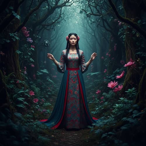 Mysterious Asian Woman in Vibrant Gown - Art Nouveau Inspired
