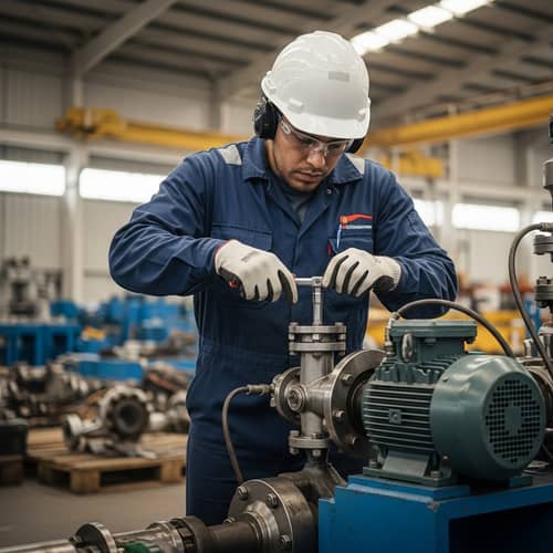 Latino Male Mechanic Working on Pump System | Industrial Setting