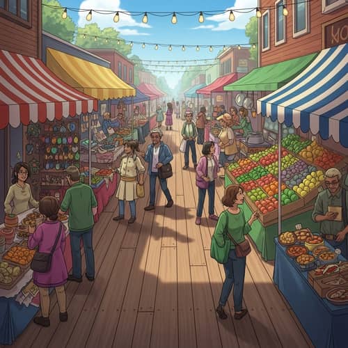 Vibrant Daytime Street Market with Artisan Crafts & Fresh Produce