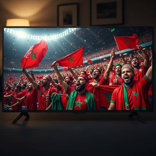 Passionate Moroccan Football Fans at Stadium on TV Screen
