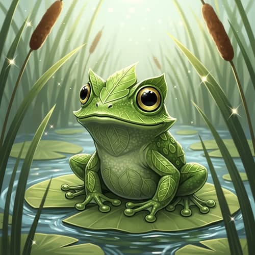 Whimsical Green Frog Illustration - Serene Nature Scene