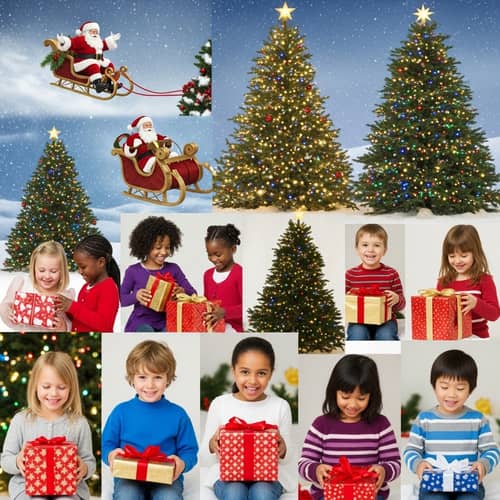 Traditional Christmas Postcard with Santa, Christmas Trees & Multicultural Children