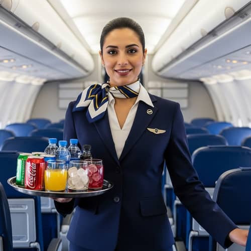 Professional Middle-Eastern Female Flight Attendant with Tray of Drinks