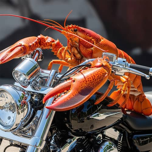 Vibrantly Colored Lobster Riding Modern Motorcycle