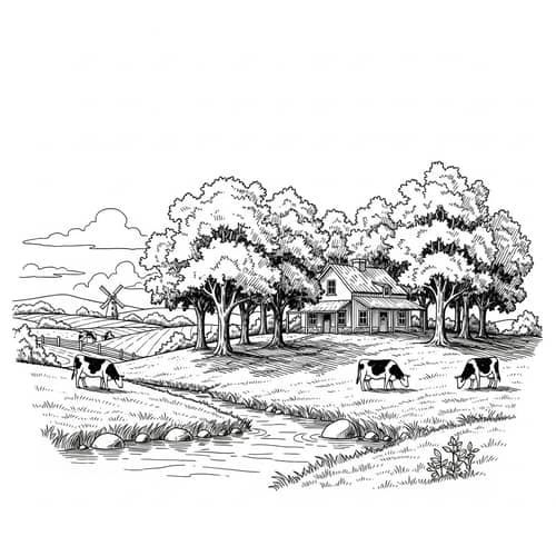 Peaceful Rural Scene - Quaint Farmhouse, Grazing Cows & Windmill