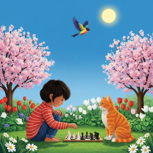 Verdant Springtime Garden Chess Game with Child and Cat