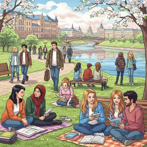 Vibrant Spring Day in Tomsk: Diverse Students in Scenic Landscape
