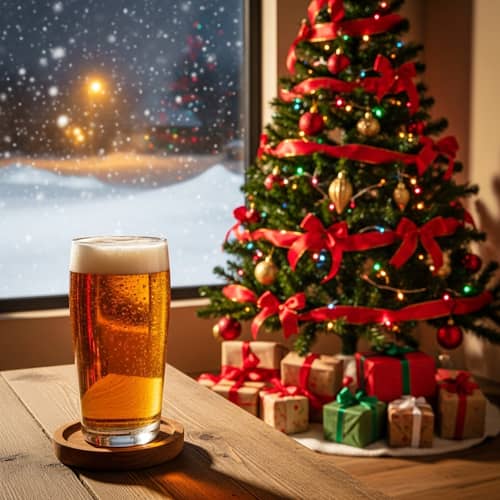 Festive Holiday Beer in Snowy Winter Wonderland