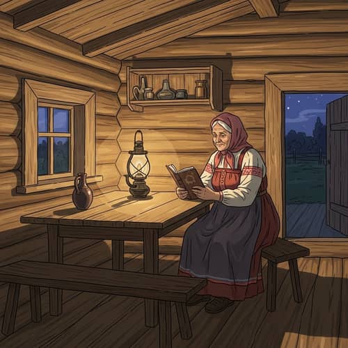 19th-Century Russian Folk Art: Late Evening Scene in Traditional Izba