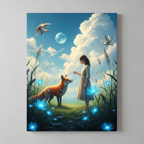 Young Girl and Fox Encounter in Enchanted Meadow
