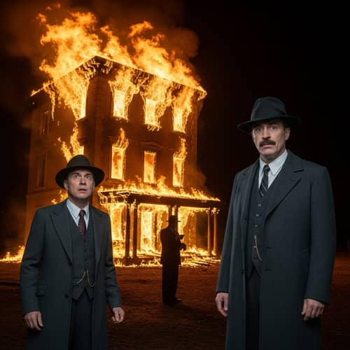 Men in Classic Attire: Indifference and Astonishment at Burning Building