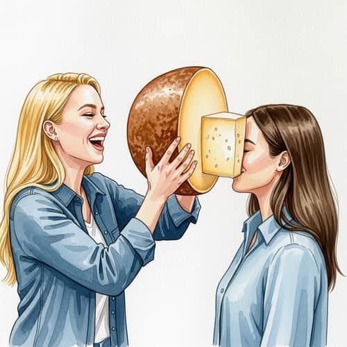 Joyful Blonde and Brunette Enjoy Manchego Cheese Moment