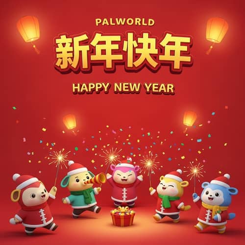 Happy New Year Celebration in Palworld - Festive Scene with Cute Creatures