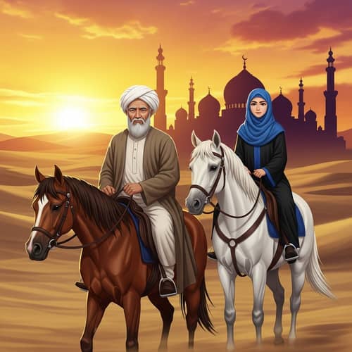 Islamic Characters Riding Horses at Sunset