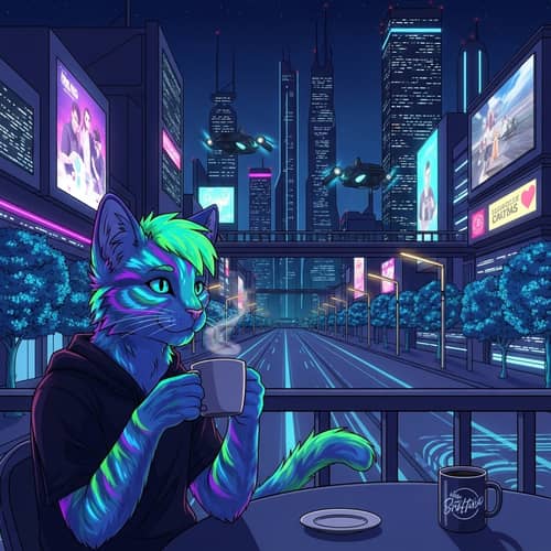 Neon Fur Feline Enjoys Coffee in Cyber City | Futuristic Scene