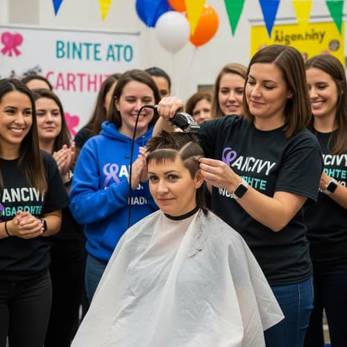 Empowering Act: Woman Shaving Head for Charity Event