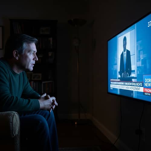 Captivated Caucasian Man Watching TV News Show