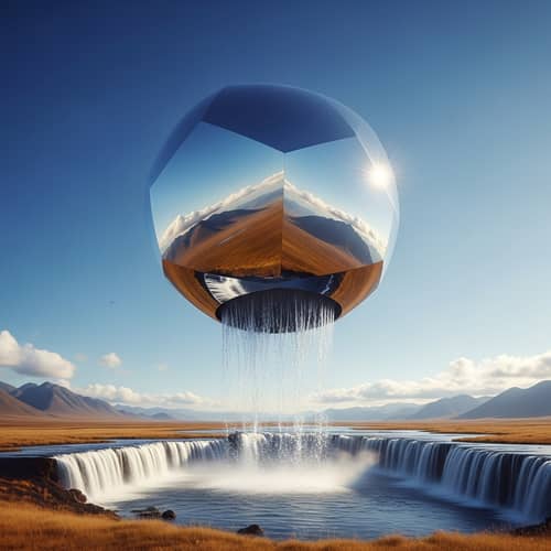 Floating Metallic Geometric Object Reflecting Beautiful Landscape