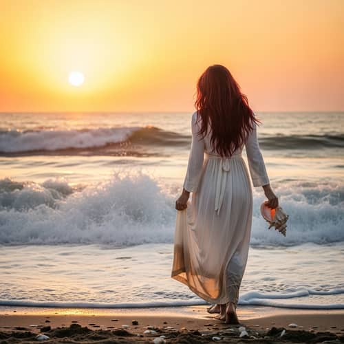 Captivating Beachscape at Golden Hour with Elegant Woman Collecting Seashells