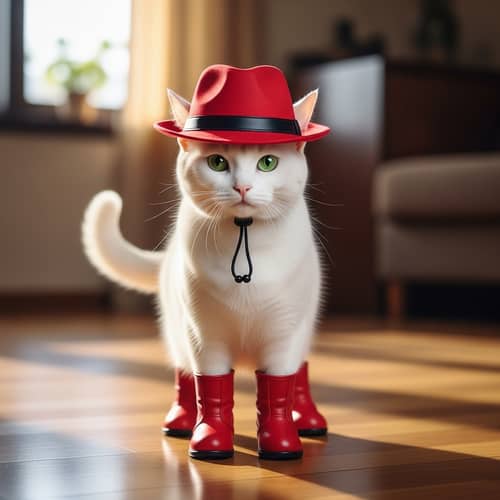 Charming White Cat in Red Boots and Hat