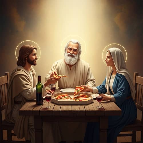 Divine Pizza Feast: Jesus, Mary, and God in Hyper-Realistic Style