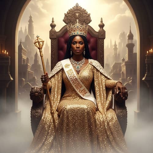 Radiant Black Woman in Gold Gown | Ethereal New Jerusalem Throne